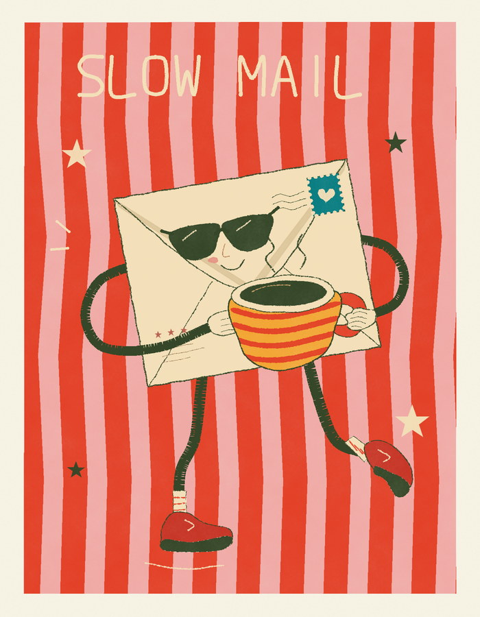 A smiling envelope enjoying coffee