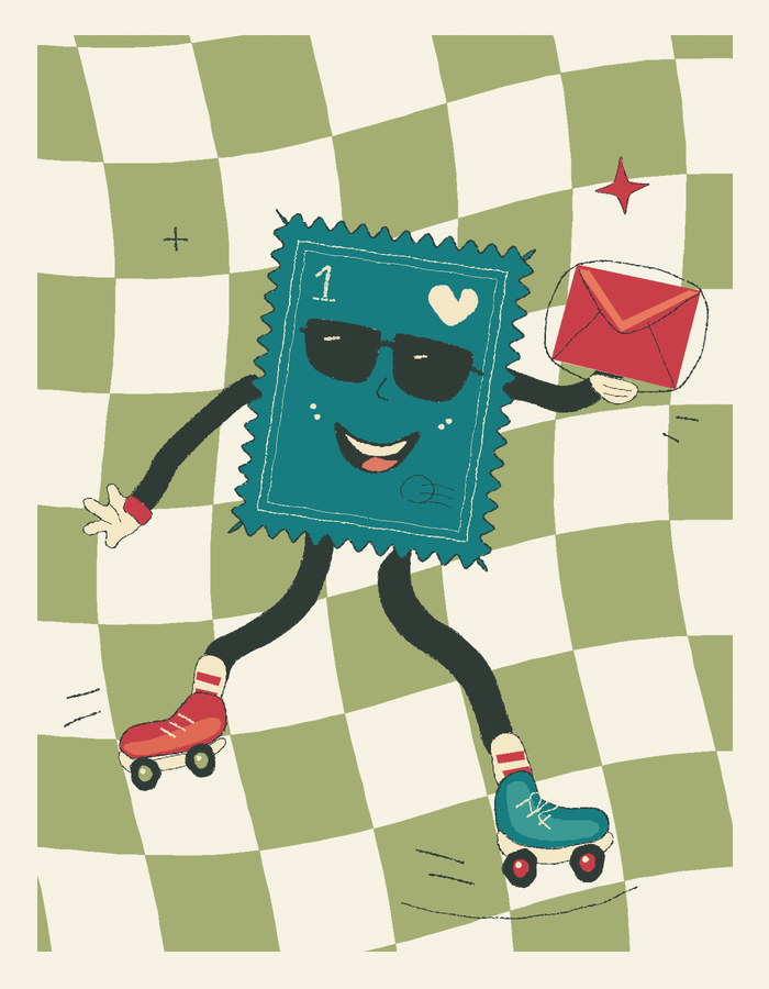 A stamp on roller skates carrying a letter