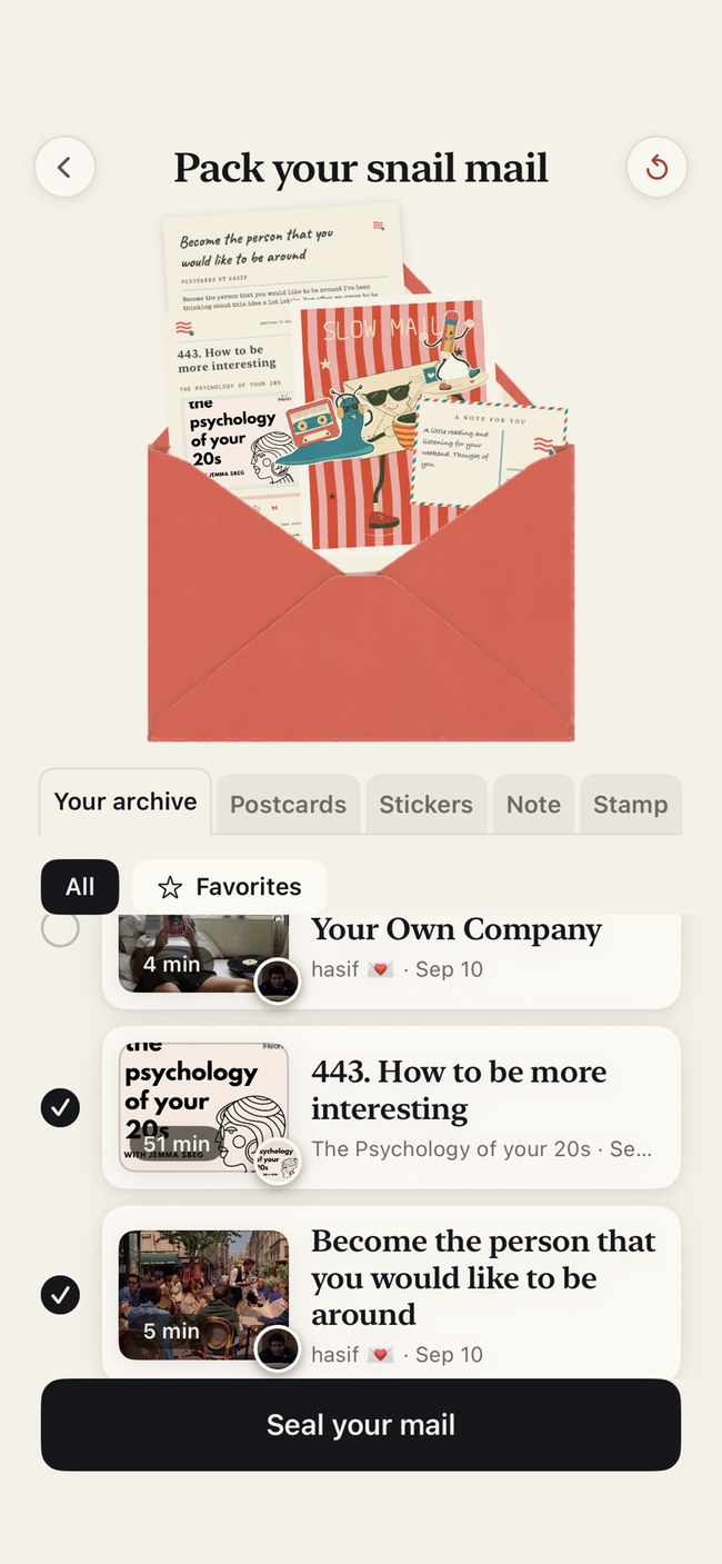 Gommie archive with saved articles ready to add to a letter