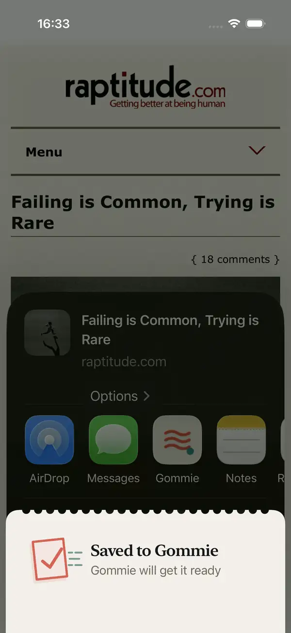 Safari article with Saved to Gommie confirmation