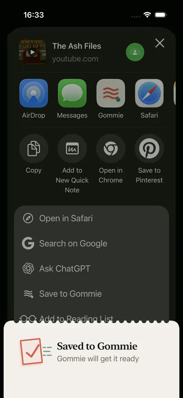 YouTube share sheet with Saved to Gommie confirmation