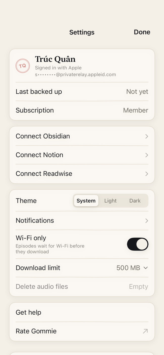 Gommie Settings showing Connect Obsidian, Connect Notion and Connect Readwise